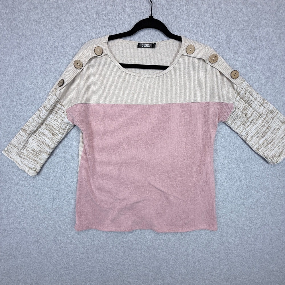 CURE. Colorblock Ribbed Knit Top Women M Pink Beige Boho Casual Chic Cottagecore